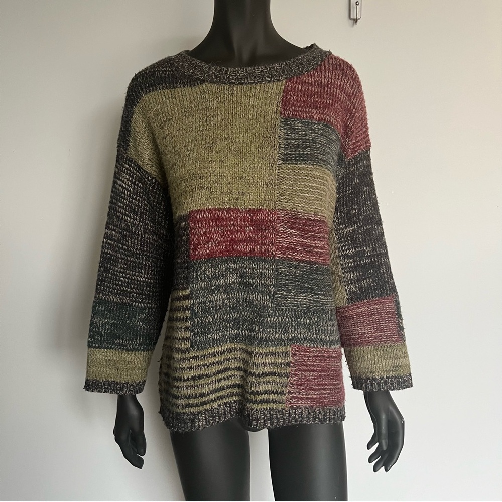 Patchwork Marled Crewneck Sweater in Olive & Burgundy